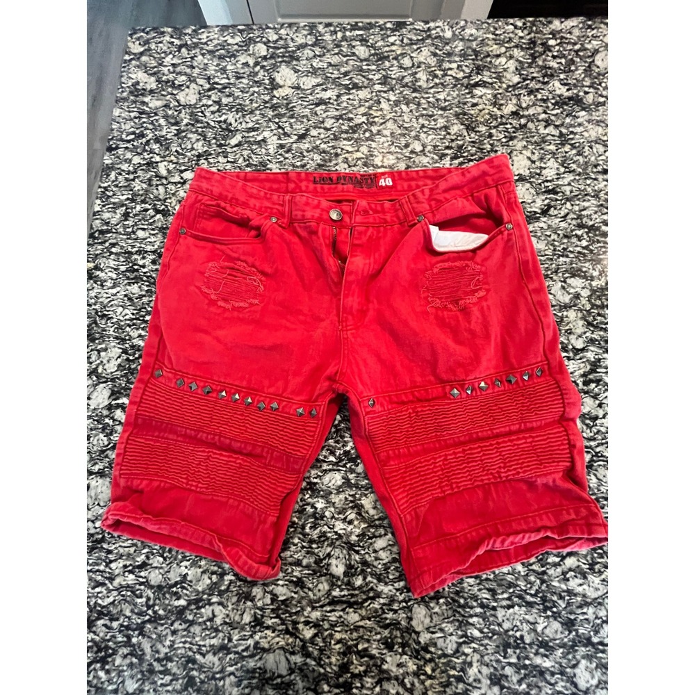 Lion Dynasty Mens Red Moto Denim Shorts‎ Studded Distressed Biker Size 40